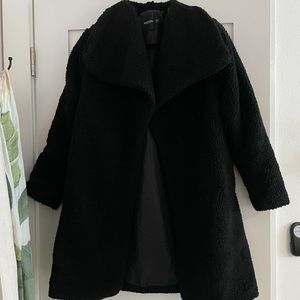 Nasty Gal Teddy/Sherpa Long Black Coat with Pockets
